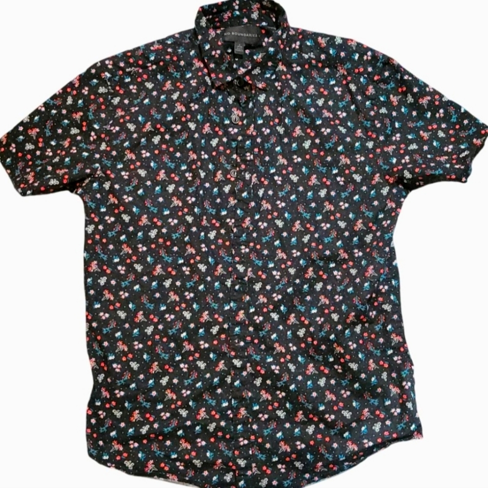 black, green, red and white ditzy floral short sleeve button up shirt